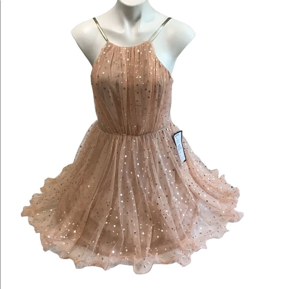 City Studio Fit And Flare Mini Dress Sheer Spaghetti Strap Gold Stars Size 11